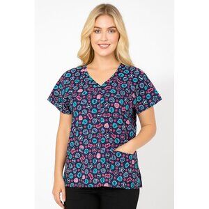 Veterinary-Themed V-Neck Scrub Top With Pockets